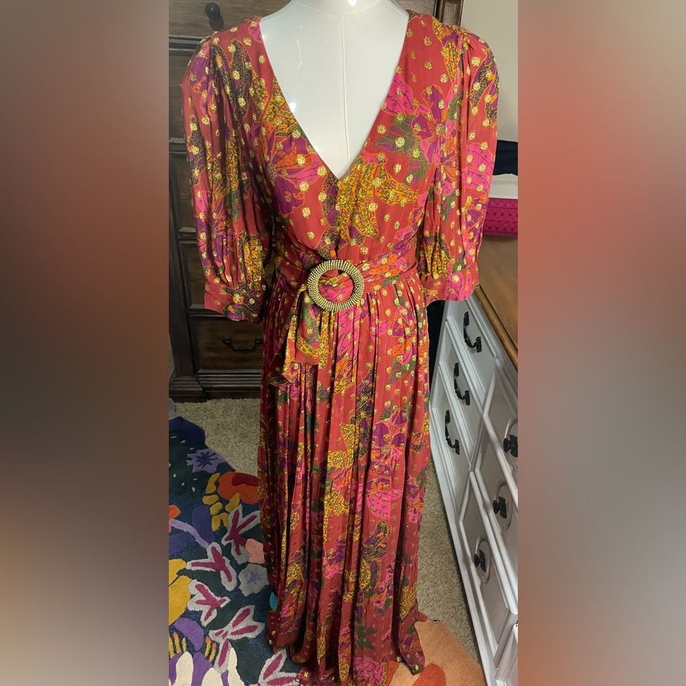 NWT- FARM Rio Red and Purple Sundress with Long Bishop Sleeves and V-Neck